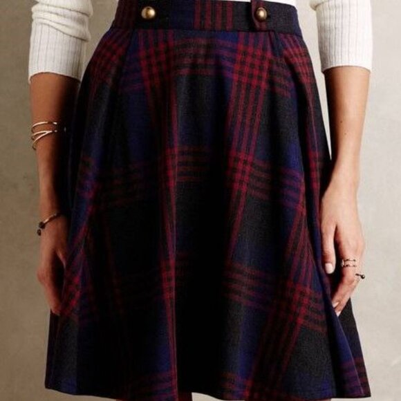 Anthropologie Denim Sailor Skirt Plaid A-Line Red NavyGrey - Picture 2 of 11